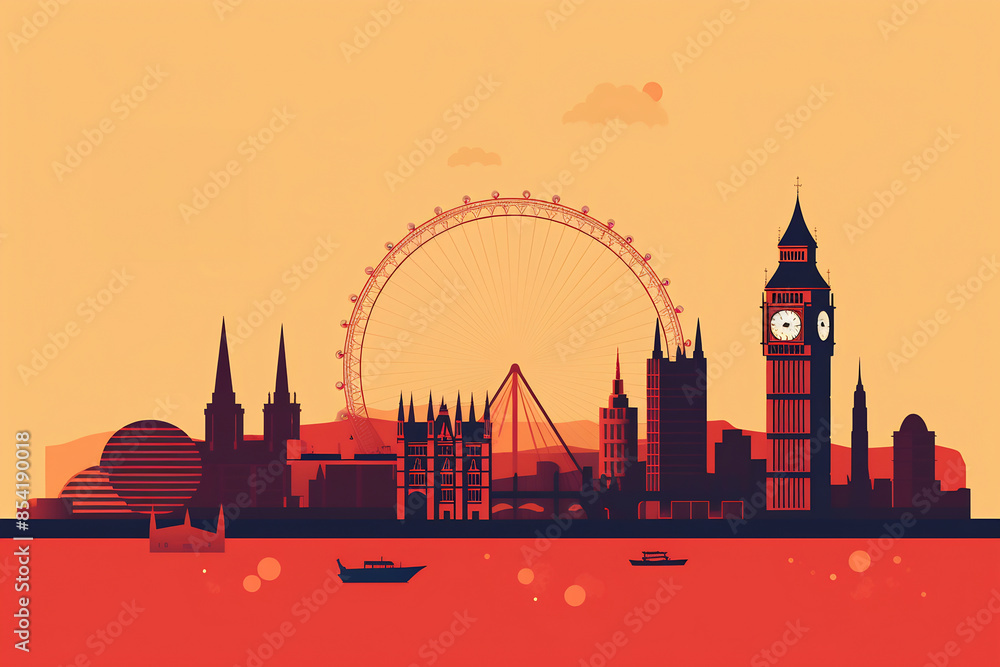 Naklejka premium London urban landscape with cityscape silhouette . Pattern with houses. Illustration