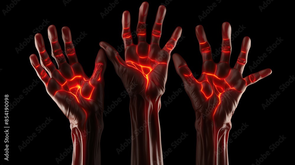 3D illustration of a human hand with red veins. The hand is held up in the air, with the fingers spread out. 3D illustration of a human hand with red veins. The hand is held up in the air, with the fingers spread out.