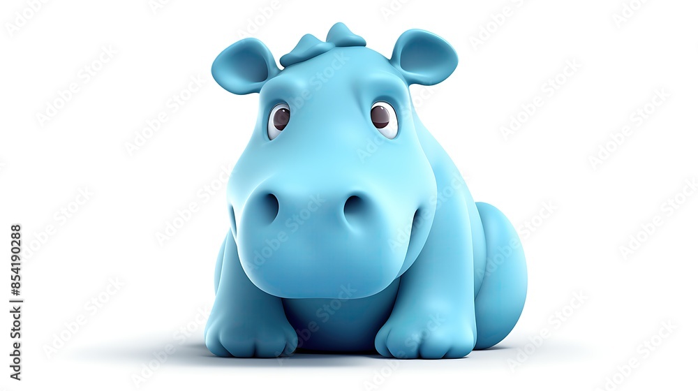 Cute blue hippo cartoon character sitting down, isolated on white background. 3D rendering. Cute blue hippo cartoon character sitting down, isolated on white background. 3D rendering.