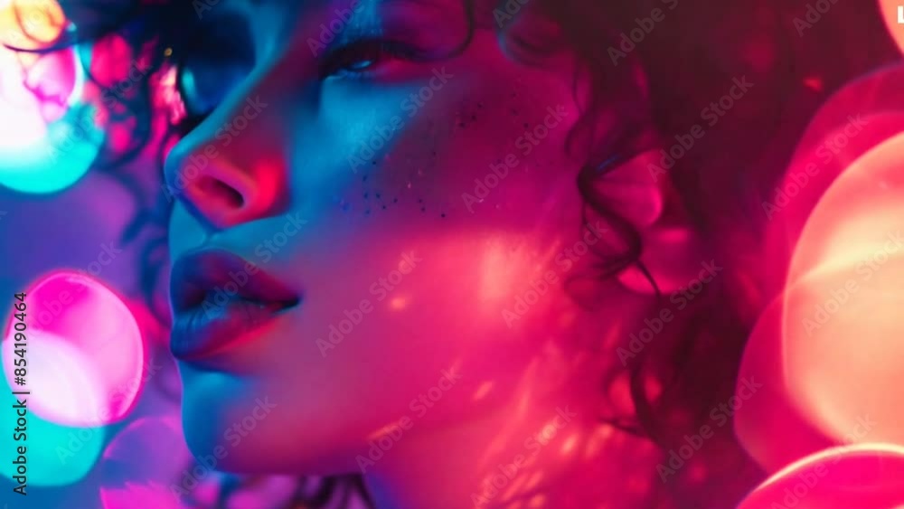 Animation of close-up portrait of a young girl with elegant reflections of red and blue neon on her face, glitter, makeup and reflections from a nightclub at night. Background with bokeh lights effect Animation of close-up portrait of a young girl with elegant reflections of red and blue neon on her face, glitter, makeup and reflections from a nightclub at night. Background with bokeh lights effect