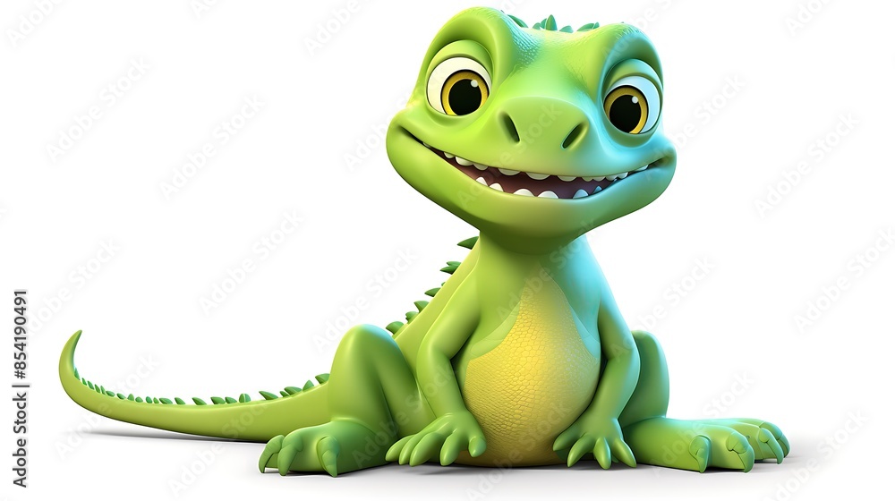 Obraz premium Cute and funny green dinosaur. 3D rendering of a cartoon character.