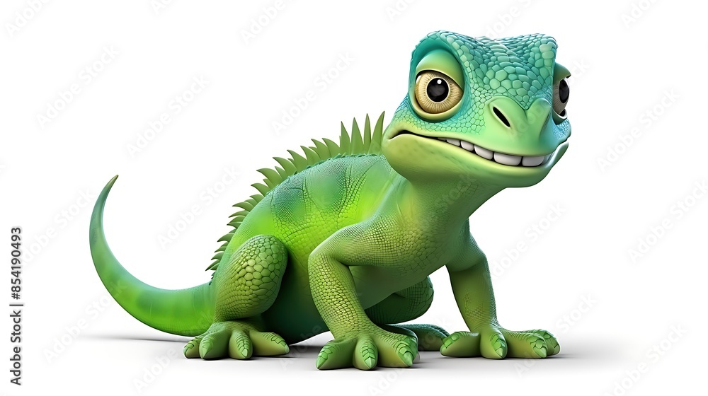 Obraz premium A cute and friendly green iguana sits on a white background. The iguana has big eyes, a friendly smile, and a long tail.