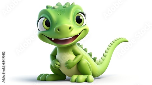 Fototapeta Naklejka Na Ścianę i Meble -  Cute green dinosaur smiling. 3D rendering of a cartoon dinosaur character. The dinosaur is sitting on a white background and looking at the camera.
