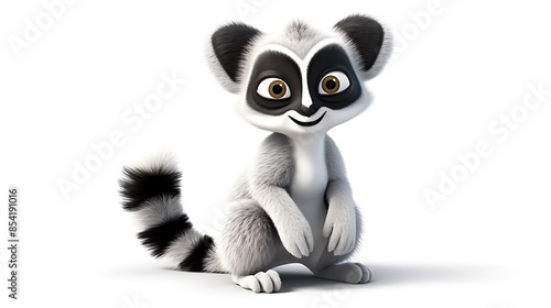 A cute and cuddly lemur with big eyes and a long tail. It is sitting on a white background and looking at the camera with a friendly expression. © BozStock