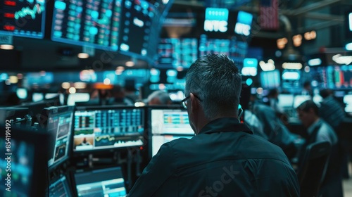 Photograph of a bustling stock market trading floor with traders monitoring screens and making deals amidst the excitement.