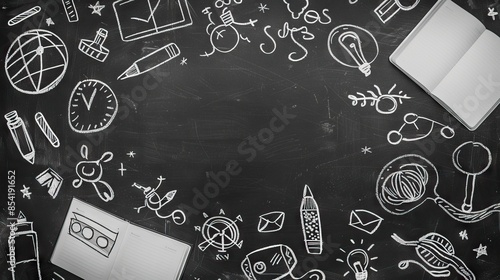 Creative educational sketch on blackboard background with copy space. Education and knowledge concept. AI generated illustration