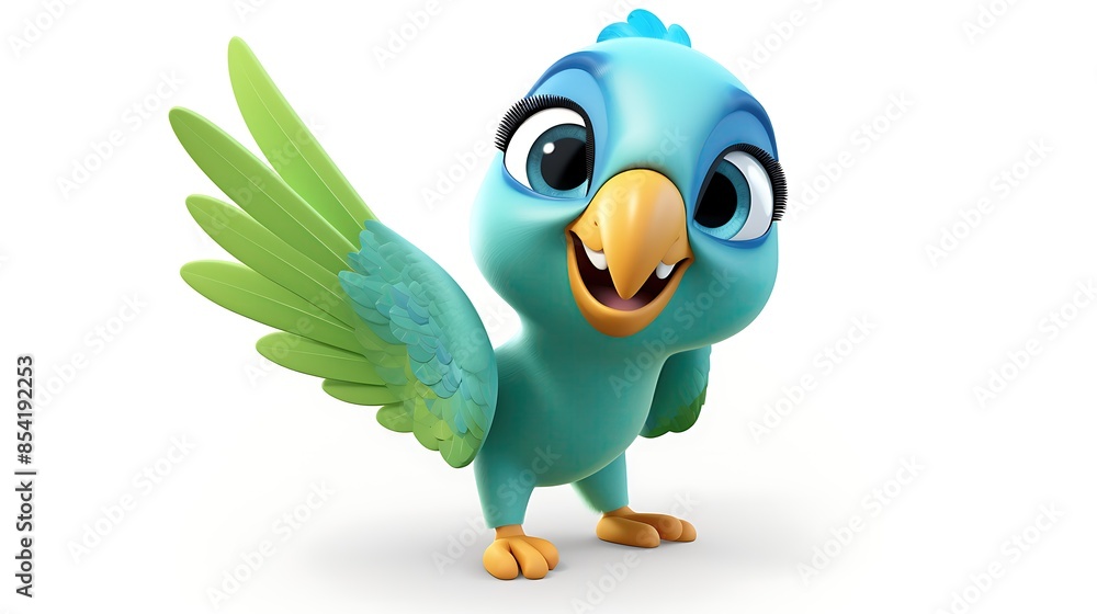 A cute and colorful cartoon parrot with big eyes and a friendly smile. The parrot is standing on a white background and has its wings spread out. A cute and colorful cartoon parrot with big eyes and a friendly smile. The parrot is standing on a white background and has its wings spread out.