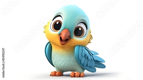 Cute cartoon bird with big eyes and a friendly smile. The bird has bright blue and yellow feathers and is standing on two feet.