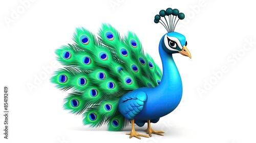 A cartoon peacock with vibrant blue and green feathers. The peacock is standing with its tail feathers spread out in a fan-like shape.