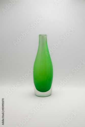 Pink Flowers in a Green Handmade Artisanal Glass Vase Decoration Living Room 