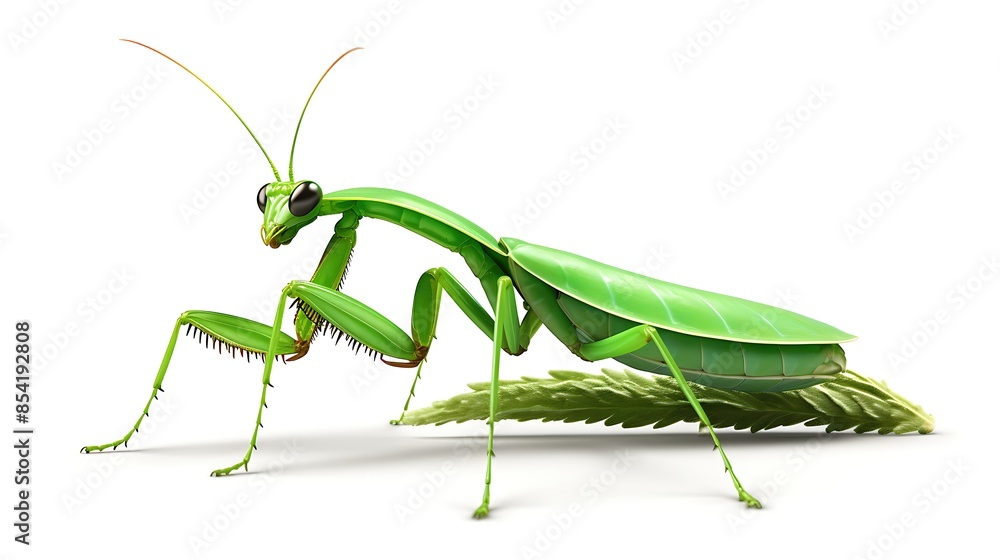 A green praying mantis is perched on a leaf. The mantis is looking to the left of the frame. The background is white. A green praying mantis is perched on a leaf. The mantis is looking to the left of the frame. The background is white.