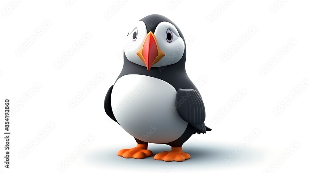 Naklejka premium 3D rendering of a cute cartoon puffin bird. It has black and white feathers, a red and orange beak, and yellow feet.