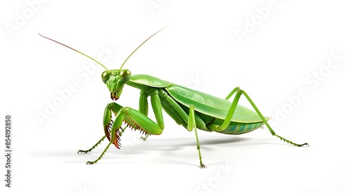 A green praying mantis is perched on a white surface. The insect is facing the viewer with its large, green eyes.
