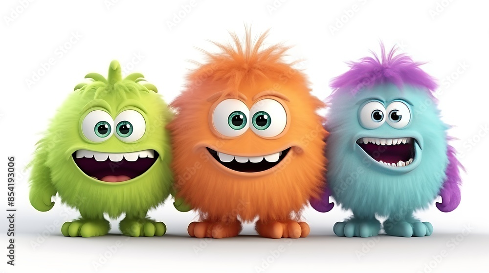 Fototapeta premium Three cute and colorful monsters are standing in a row. They have big smiles on their faces and look very friendly.