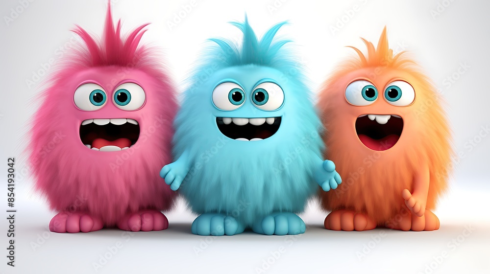 Three cute and colorful monsters are standing in a row. They have big eyes, toothy smiles, and furry bodies. Three cute and colorful monsters are standing in a row. They have big eyes, toothy smiles, and furry bodies.