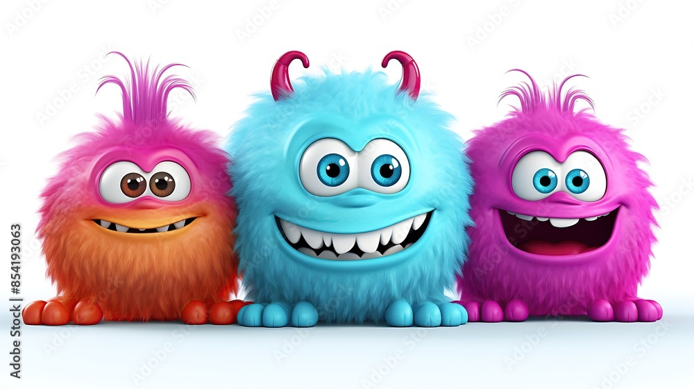 Three cute and colorful monsters are sitting in a row. They have big smiles on their faces and look like they are having a great time. Three cute and colorful monsters are sitting in a row. They have big smiles on their faces and look like they are having a great time.