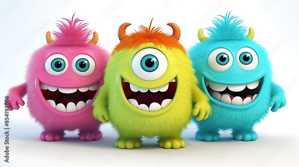 Three cute and colorful monsters are standing in a row. They have big eyes, sharp teeth, and are covered in fur. Three cute and colorful monsters are standing in a row. They have big eyes, sharp teeth, and are covered in fur.
