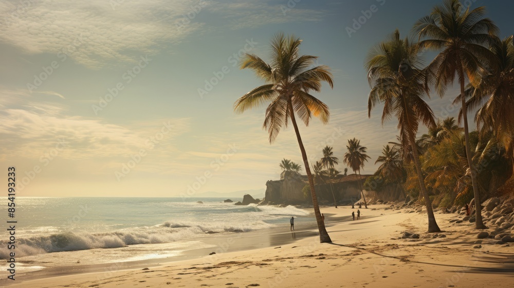 Obraz premium Photograph of a tranquil summer afternoon at a secluded Mexican beach, with lush palm trees casting long shadows over sunbathers and swimmers, captured in a warm