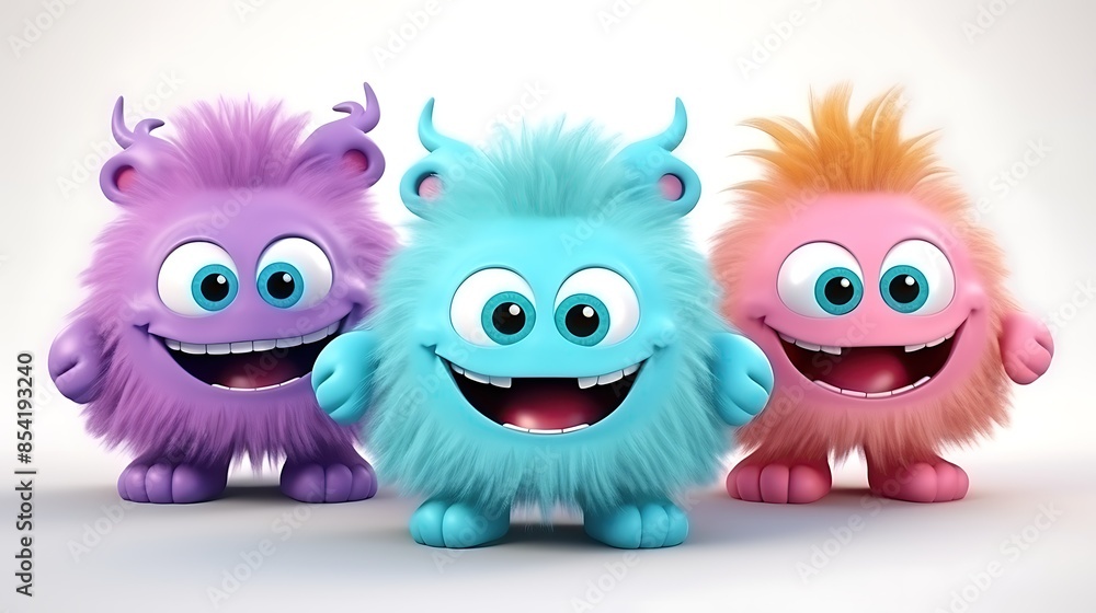 Three cute and colorful monsters are standing in a row. They have big eyes, happy smiles, and fluffy fur. The monsters are purple, blue, and pink. Three cute and colorful monsters are standing in a row. They have big eyes, happy smiles, and fluffy fur. The monsters are purple, blue, and pink.