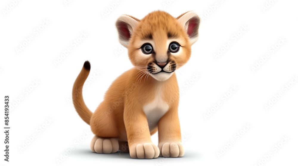 A cute baby cougar sits on a white background. The cougar has big, round eyes and a fluffy tail. A cute baby cougar sits on a white background. The cougar has big, round eyes and a fluffy tail.
