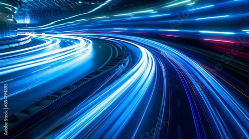 Capture dynamic light trails in vivid blues against a dark background, embodying futuristic speed and technology. A striking composition for a banner or poster, 