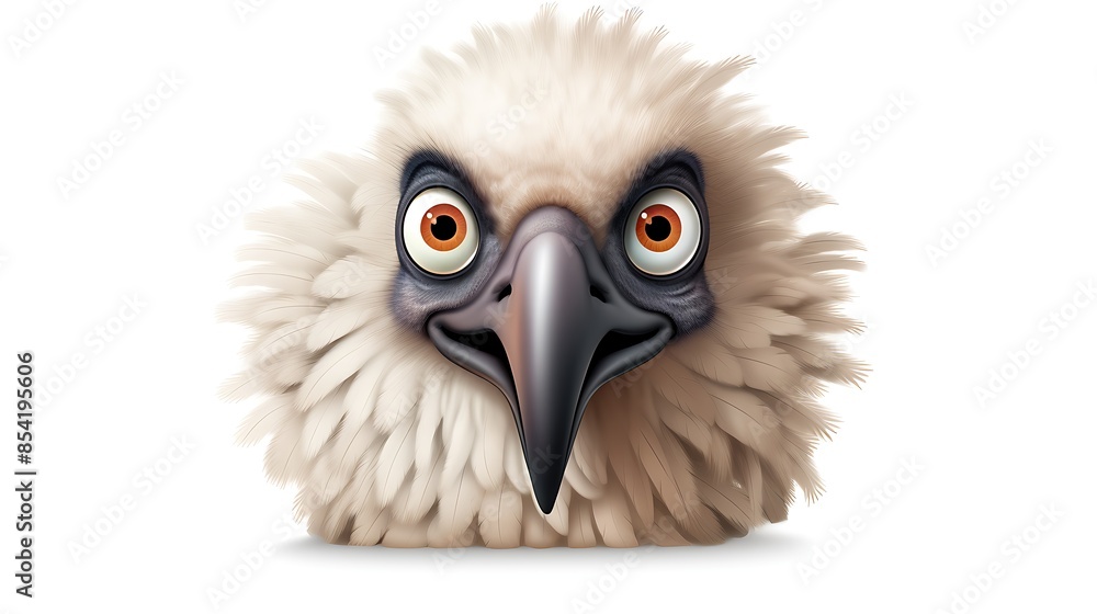 Fototapeta premium A close-up of a cartoon vulture with big orange eyes. The vulture has a white head and neck, with a yellow beak and black feathers on its body.