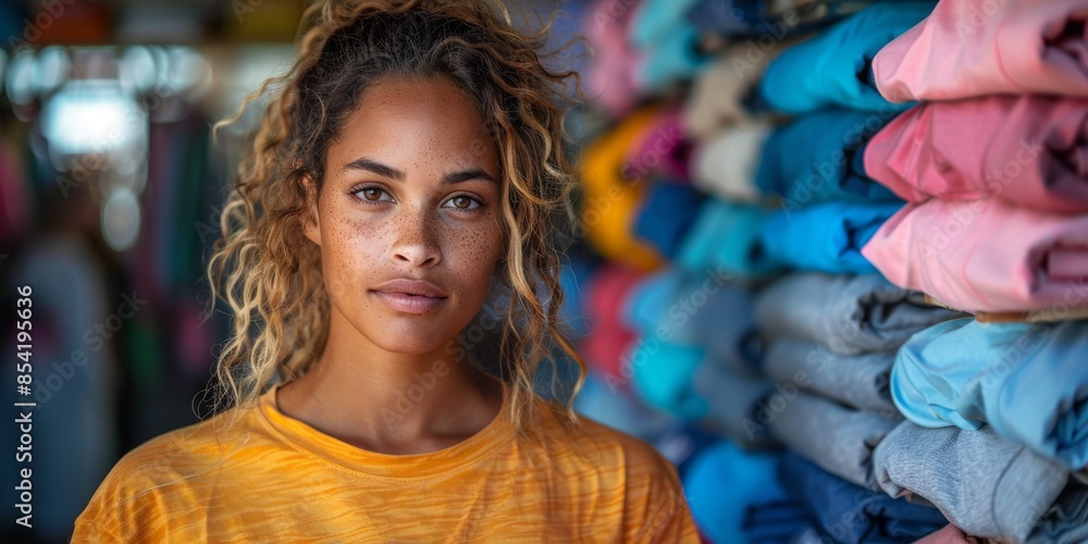 A young woman with wavy hair and a yellow shirt stands confidently in front of colorful folded clothes in a vibrant market or store environment, conveying an essence of lifestyle and modern fashion A young woman with wavy hair and a yellow shirt stands confidently in front of colorful folded clothes in a vibrant market or store environment, conveying an essence of lifestyle and modern fashion