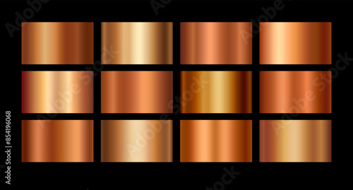 Copper foil texture background set. Vector golden shine metallic gradient template antique color for border, frame, ribbon design