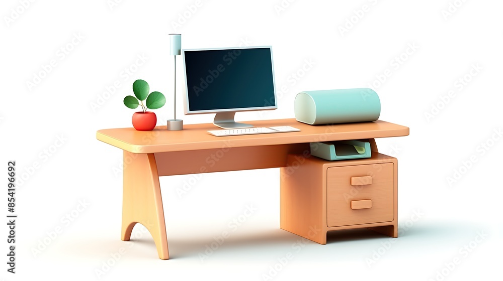 3D rendering of a simple desk with a computer, a lamp, a plant, and a printer. The desk has a warm, inviting color scheme and a minimalist design. 3D rendering of a simple desk with a computer, a lamp, a plant, and a printer. The desk has a warm, inviting color scheme and a minimalist design.