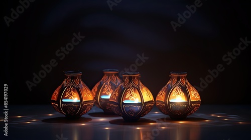 Four glowing lanterns with intricate patterns cast a warm glow in the darkness, creating a peaceful and serene atmosphere.