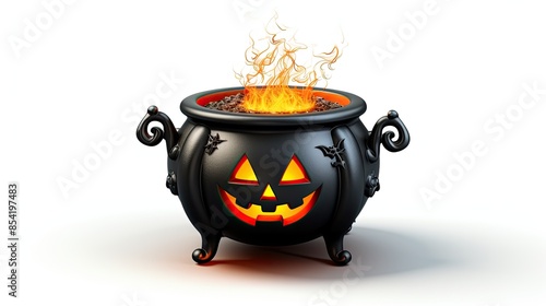 3D rendering of a black cauldron with a carved face and flames coming out of it. The cauldron is isolated on a white background. photo