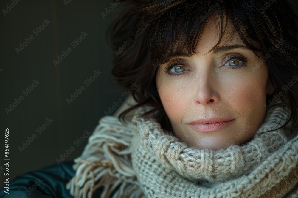 A close-up photograph of a woman with contemplative expression, wearing a warm knitted scarf and jacket, with natural light enhancing her features A close-up photograph of a woman with contemplative expression, wearing a warm knitted scarf and jacket, with natural light enhancing her features