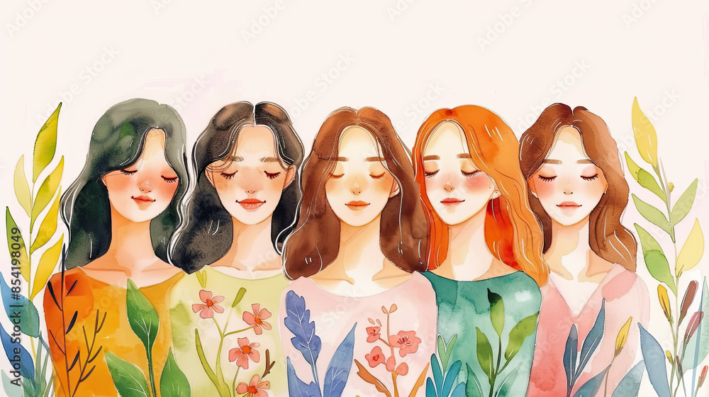 Happy women group for International Women’s day , watercolor style illustration Happy women group for International Women’s day , watercolor style illustration