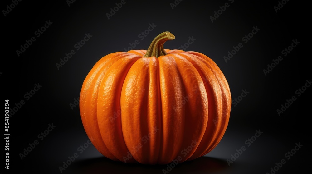This is a photo of a pumpkin. It is a large, orange pumpkin with a green stem. The pumpkin is sitting on a dark surface. The background is black. This is a photo of a pumpkin. It is a large, orange pumpkin with a green stem. The pumpkin is sitting on a dark surface. The background is black.