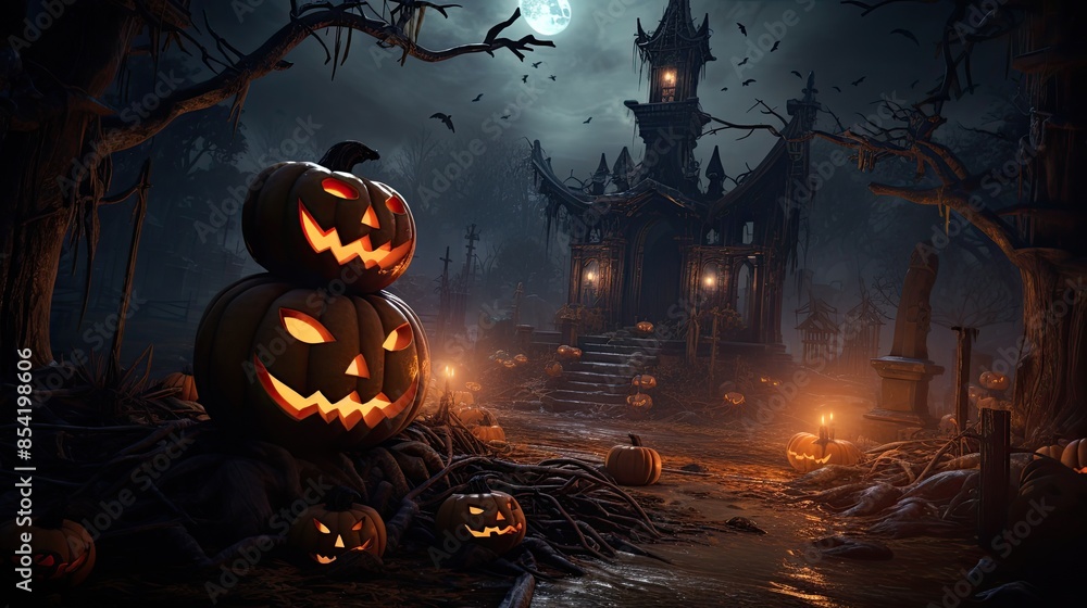 This is a spooky Halloween scene. There is a haunted house in the background with a large moon in the sky. This is a spooky Halloween scene. There is a haunted house in the background with a large moon in the sky.