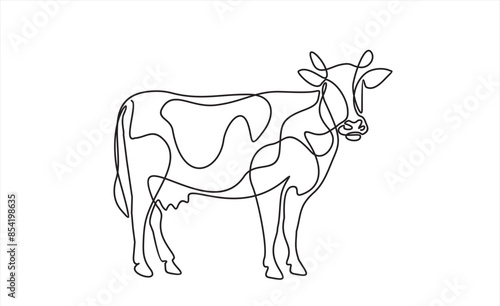 Continuous one line of cow in silhouette on a white background. Linear stylized.Minimalist.