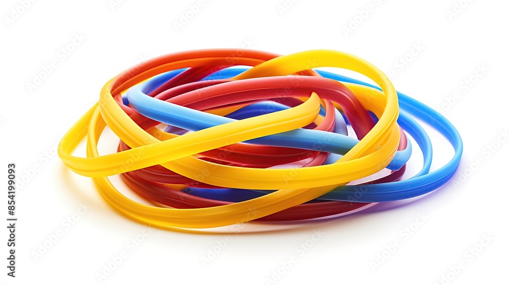 A tangled mess of colorful rubber bands. The bands are red, blue, yellow, and green. They are all different sizes and shapes. A tangled mess of colorful rubber bands. The bands are red, blue, yellow, and green. They are all different sizes and shapes.