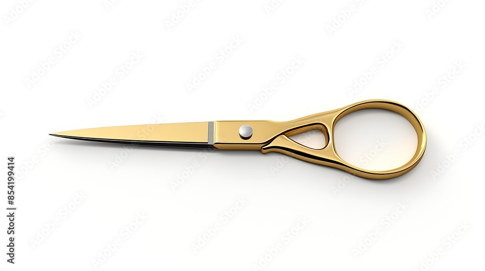 A pair of gold scissors isolated on a white background. The scissors are open with the blades facing upwards. A pair of gold scissors isolated on a white background. The scissors are open with the blades facing upwards.