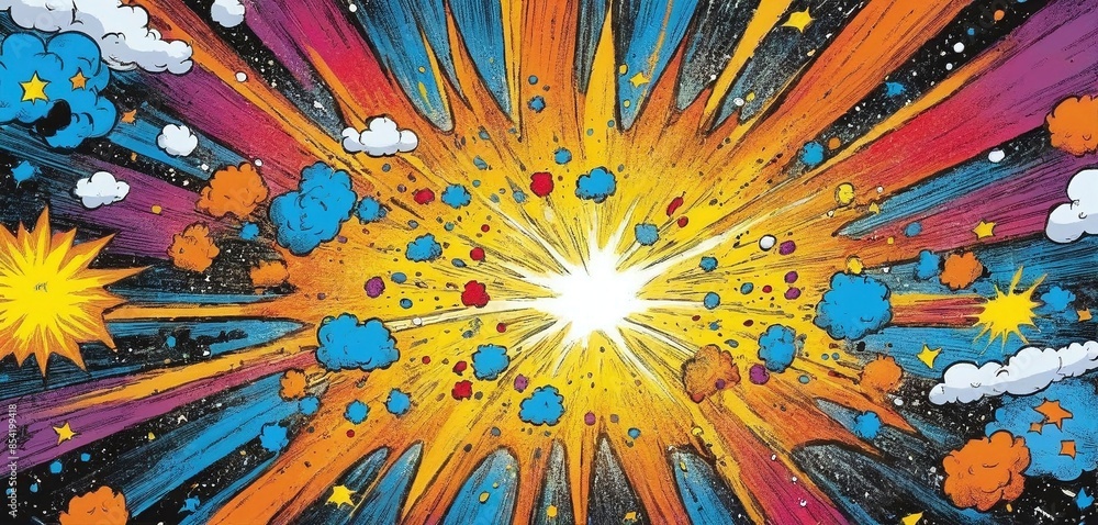 Cartoon-style explosion in pop art and comic style that shoots outwards ...