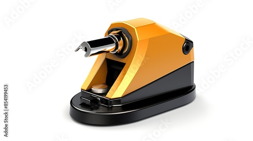 A 3D rendering of a yellow and black soldering iron holder. The soldering iron holder is made of metal and has a black base. photo