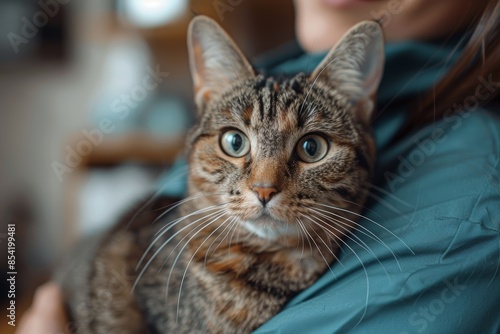 A loving tabby cat with expressive green eyes rests comfortably in the arms of its owner, capturing a serene moment of companionship and warmth in a cozy home setting © aicandy