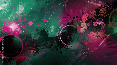 Green and pink abstract background with light and dark elements including spots lines circles with blots and holes and variations in brightness