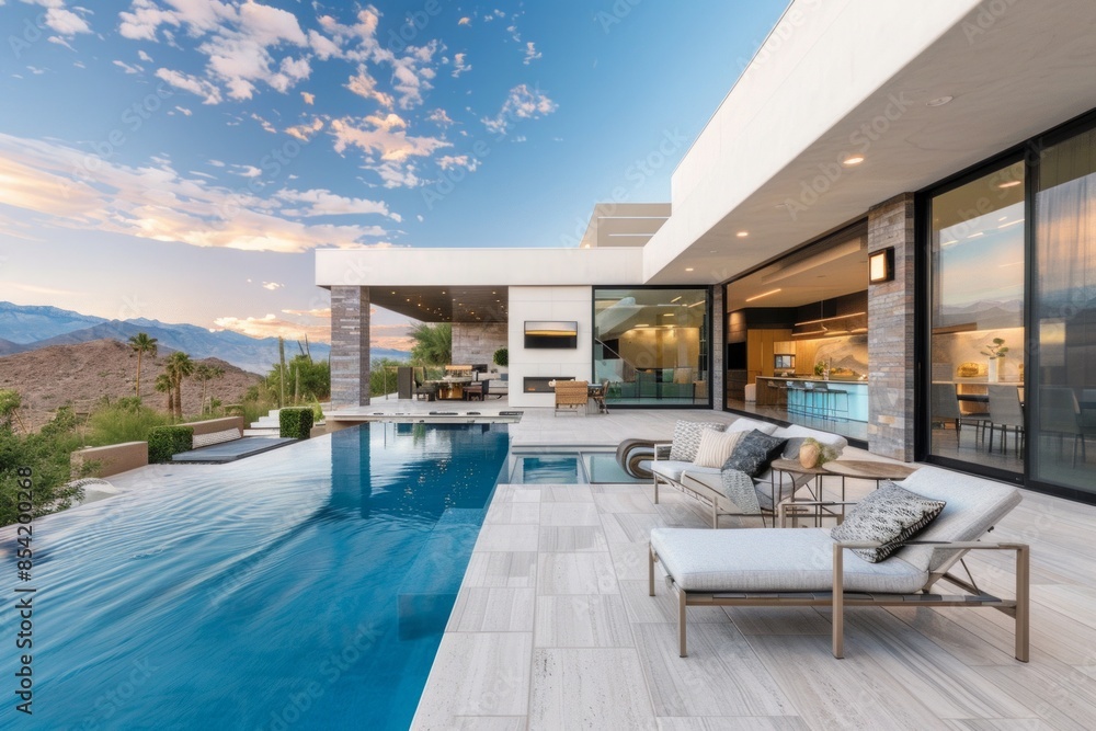 Fototapeta premium Nestled in the heart of the luxury home, the poolside area showcases a modern design that epitomizes sophistication and style