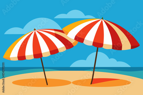 Beach striped umbrellas open in sand in the beach