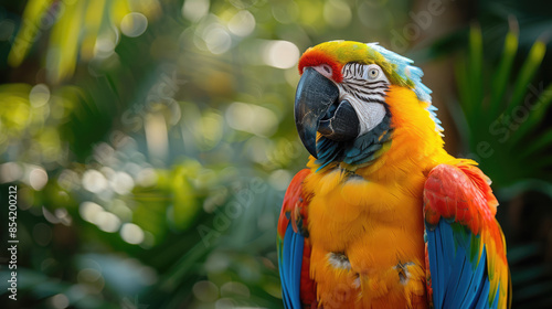 close up of beautiful plumage of parrot with black background, tropical macaw in nature