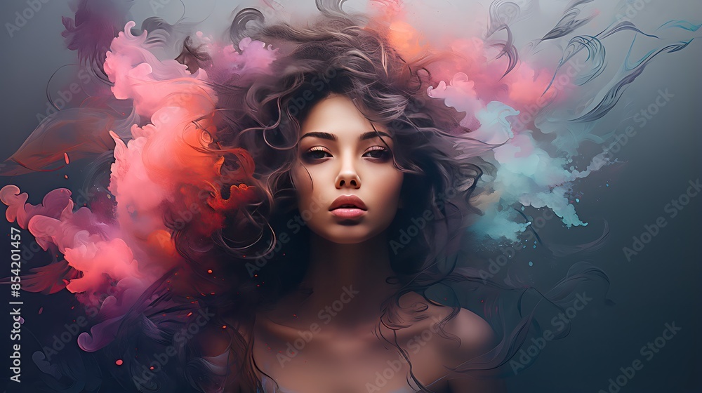 Beautiful woman with curly hair and colorful abstract background. Beautiful woman with curly hair and colorful abstract background.