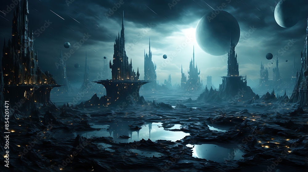 A dark and mysterious landscape with a full moon and a starry sky. A dark and mysterious landscape with a full moon and a starry sky.