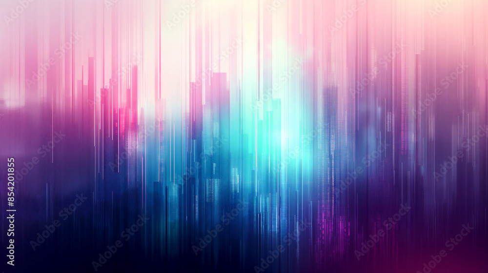Digital abstract cityscape background featuring a glitchy pixelated mix of electric blues, purples, greens, pinks, whites, and turquoise.