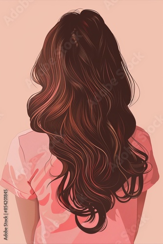 A woman with long brown hair is wearing a pink shirt