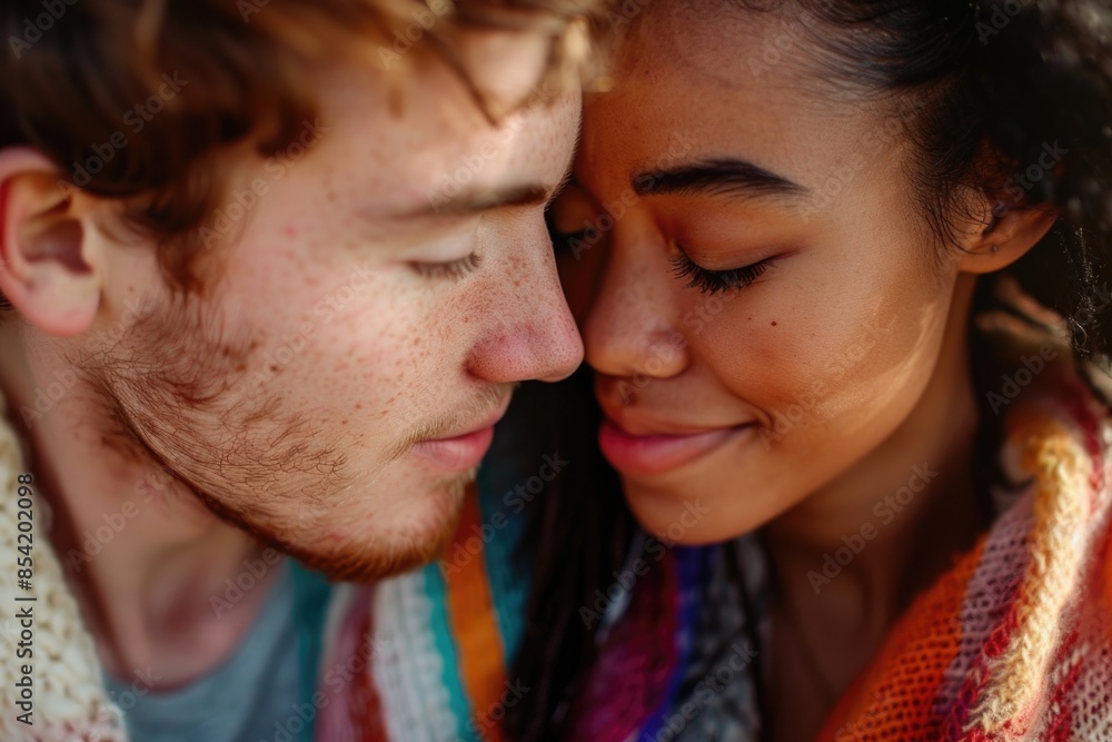 Close-up of red-haired man with a beard and dark-haired woman sharing an intimate moment with eyes closed and heads touching Close-up of red-haired man with a beard and dark-haired woman sharing an intimate moment with eyes closed and heads touching